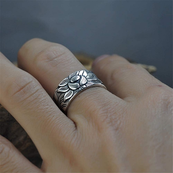 999 sterling silver vintage lotus heart sutra ring - Picture 4 of 4